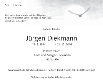 Traueranzeige von Jürgen Diekmann von Neue Westfälische