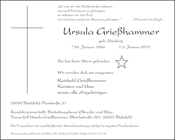 Traueranzeige von Ursula Grießhammer von Neue Westfälische
