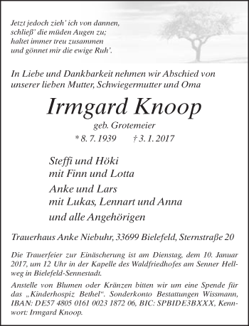Traueranzeige von Irmgard Knoop von Neue Westfälische