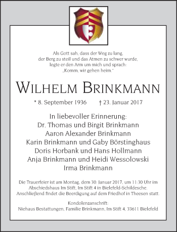 Traueranzeige von Wilhelm Brinkmann von Neue Westfälische