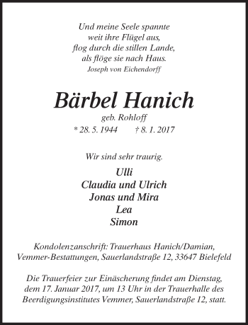 Traueranzeige von Bärbel Hanich von Neue Westfälische