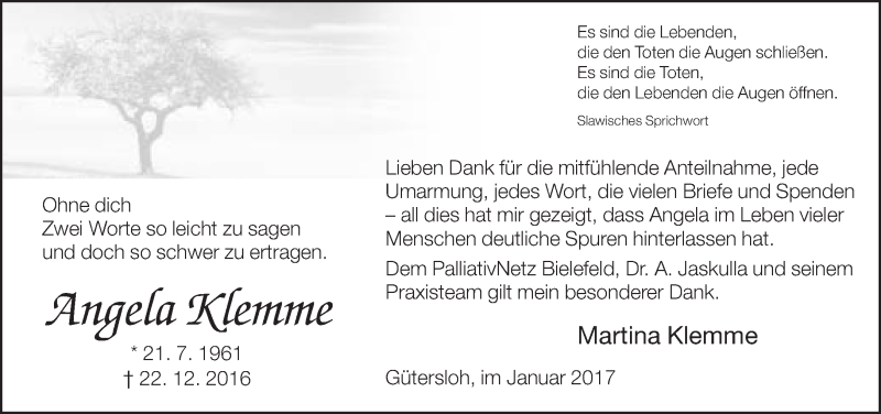  Traueranzeige für Angela Klemme vom 28.01.2017 aus Neue Westfälische