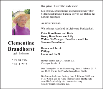 Traueranzeige von Clementine Brandhorst von Neue Westfälische
