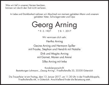 Traueranzeige von Georg Arning von Neue Westfälische