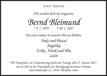 Traueranzeige von Bernd Bleimund von Neue Westfälische