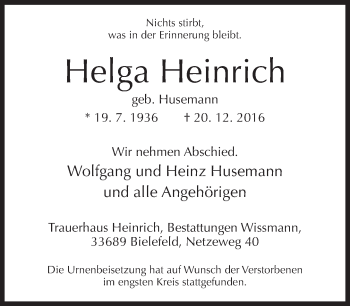 Traueranzeige von Helga Heinrich von Neue Westfälische