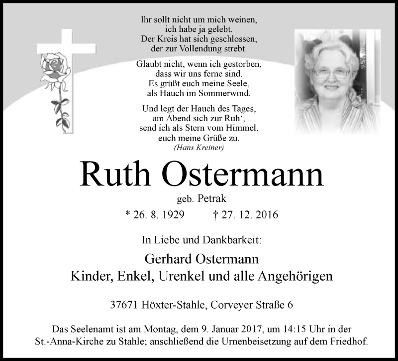  Traueranzeige für Ruth Ostermann vom 05.01.2017 aus Neue Westfälische