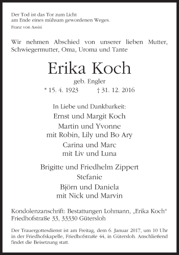 Traueranzeige von Erika Koch von Neue Westfälische