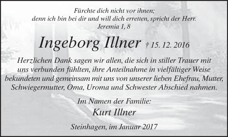  Traueranzeige für Ingeborg Illner vom 14.01.2017 aus Neue Westfälische