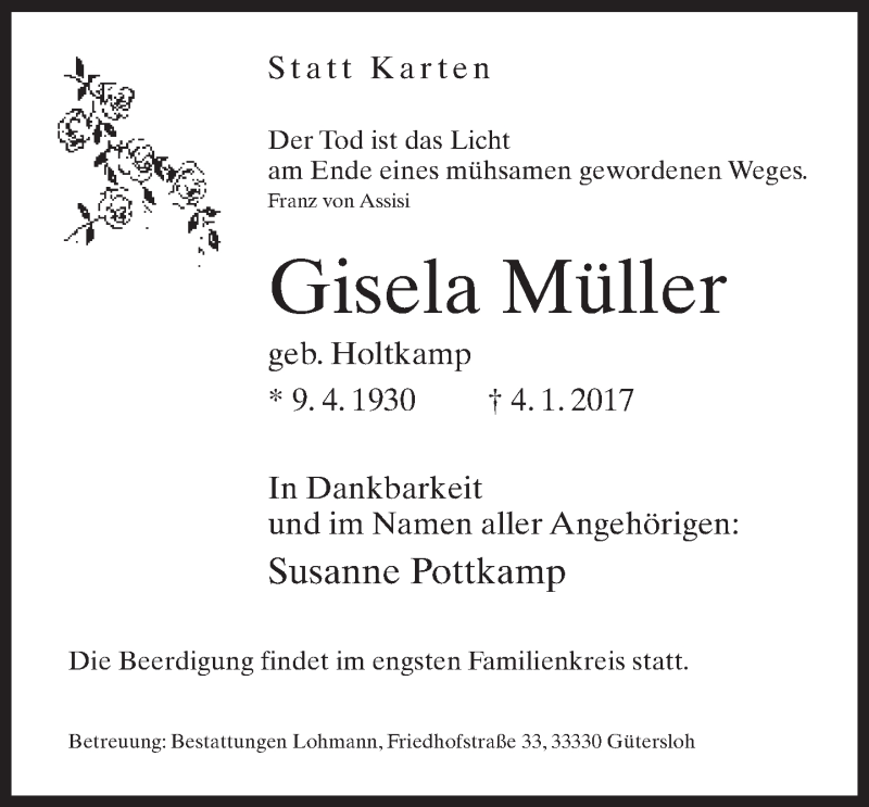  Traueranzeige für Gisela Müller vom 07.01.2017 aus Neue Westfälische