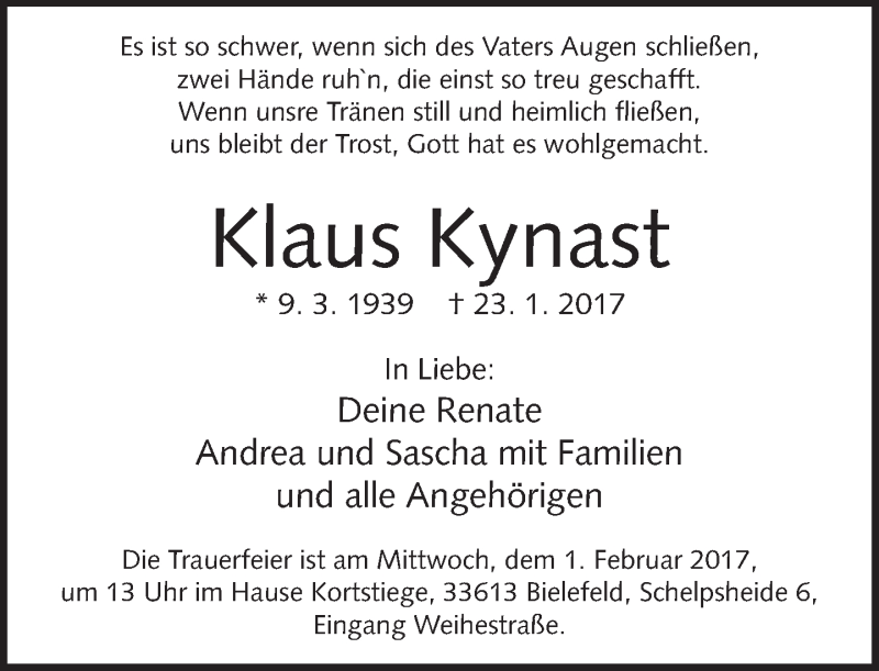  Traueranzeige für Klaus Kynast vom 28.01.2017 aus Neue Westfälische