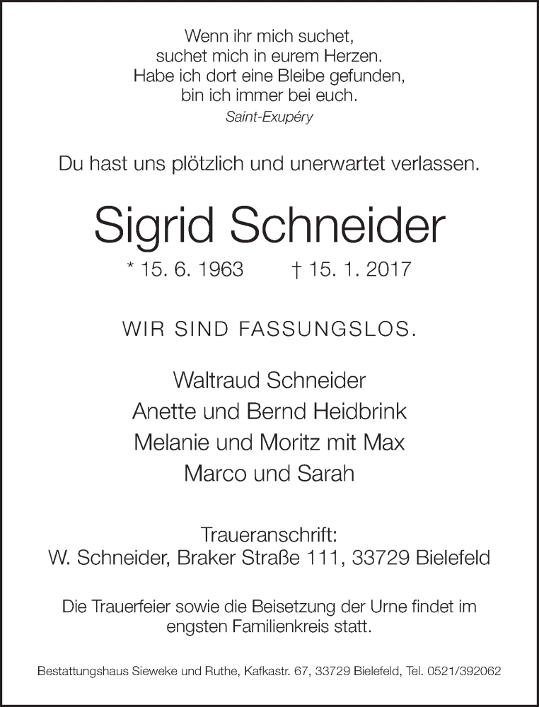  Traueranzeige für Sigrid Schneider vom 21.01.2017 aus Neue Westfälische