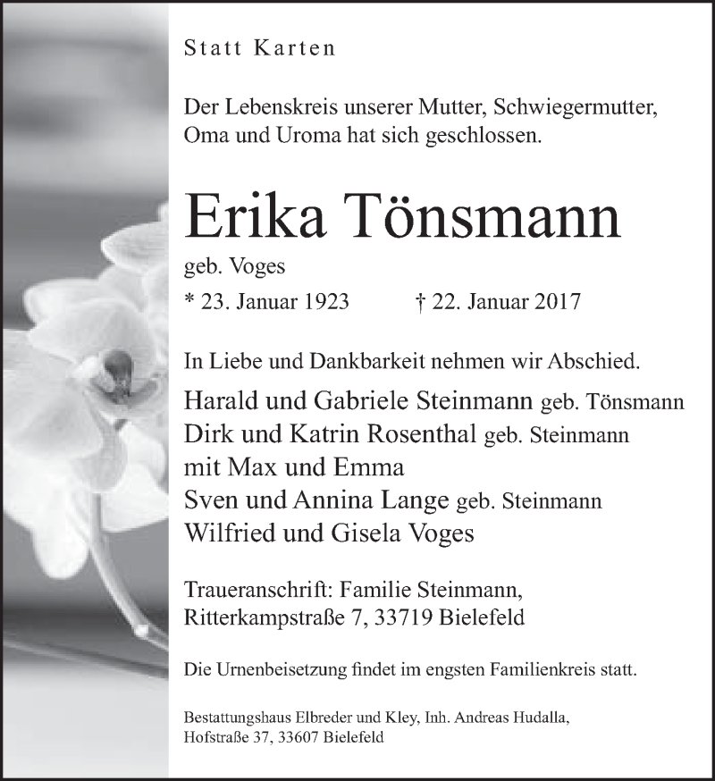  Traueranzeige für Erika Tönsmann vom 28.01.2017 aus Neue Westfälische