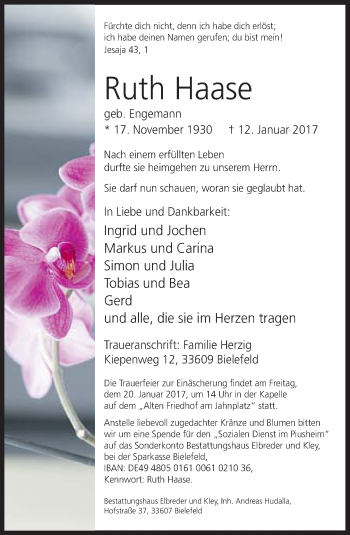 Traueranzeige von Ruth Haase von Neue Westfälische
