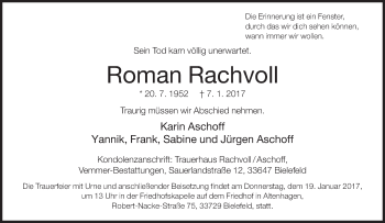 Traueranzeige von Roman Rachvoll von Neue Westfälische