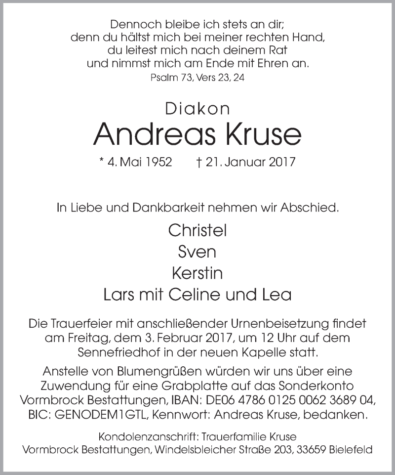  Traueranzeige für Andreas Kruse vom 28.01.2017 aus Neue Westfälische