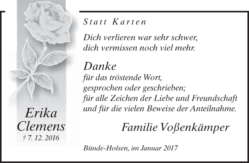  Traueranzeige für Erika Clemens vom 09.01.2017 aus Neue Westfälische