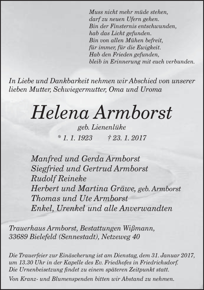  Traueranzeige für Helena Armborst vom 28.01.2017 aus Neue Westfälische