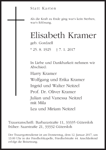 Traueranzeige von Elisabeth Kramer von Neue Westfälische