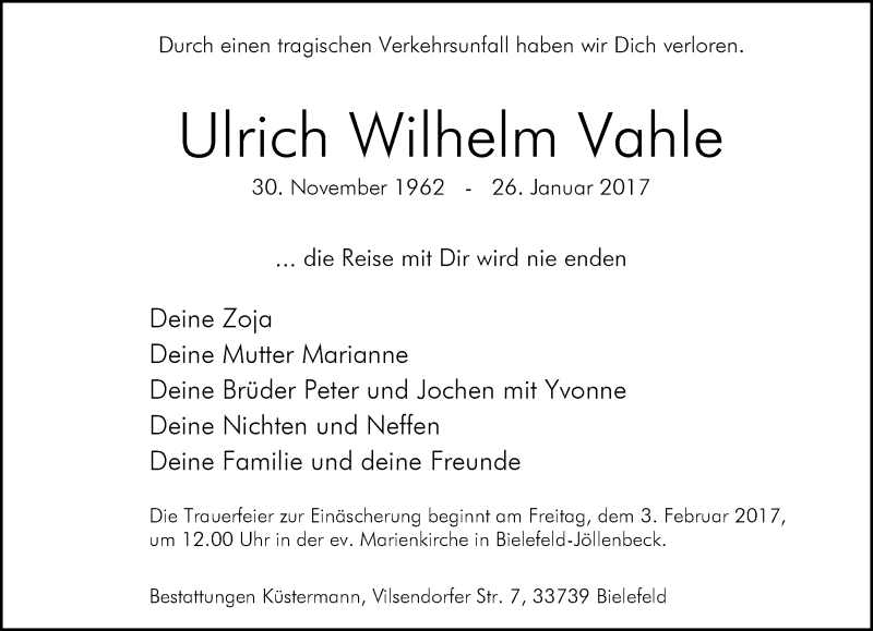  Traueranzeige für Ulrich Wilhelm Vahle vom 31.01.2017 aus Neue Westfälische