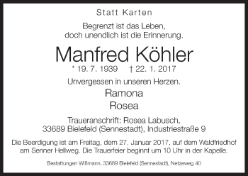 Traueranzeige von Manfred Köhler von Neue Westfälische