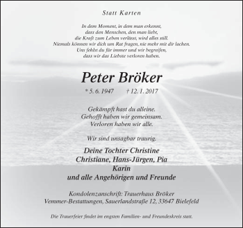 Traueranzeige von Peter Bröker von Neue Westfälische