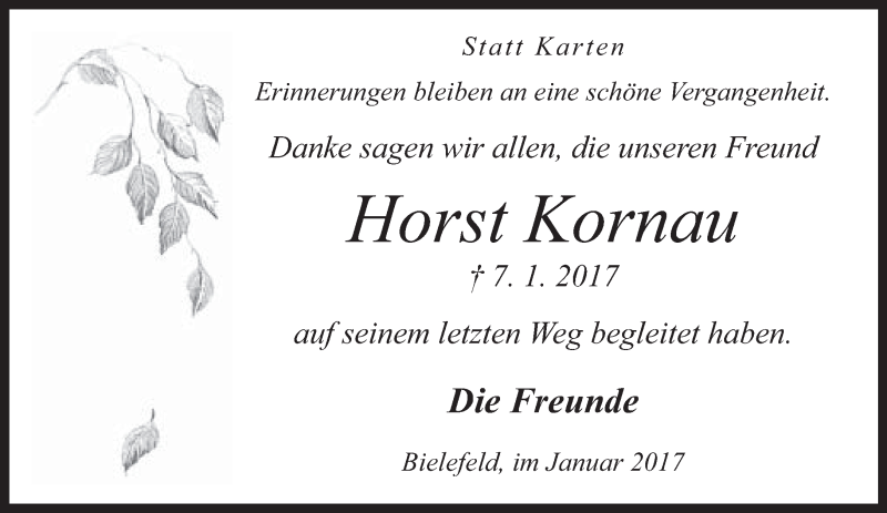 Traueranzeige für Horst Kornau vom 28.01.2017 aus Neue Westfälische