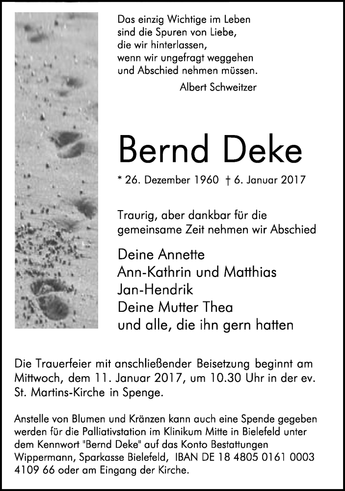  Traueranzeige für Bernd Deke vom 09.01.2017 aus Neue Westfälische