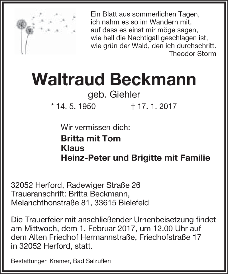  Traueranzeige für Waltraud Beckmann vom 28.01.2017 aus Neue Westfälische