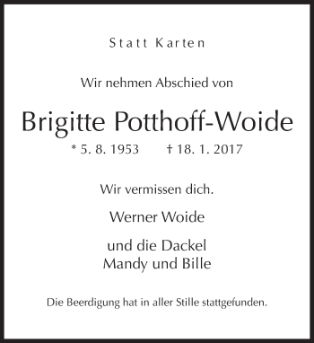 Traueranzeige von Brigitte Potthoff-Woide von Neue Westfälische