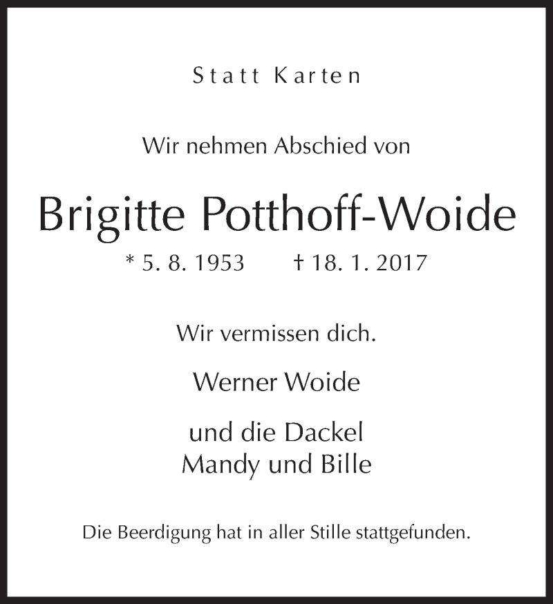  Traueranzeige für Brigitte Potthoff-Woide vom 24.01.2017 aus Neue Westfälische