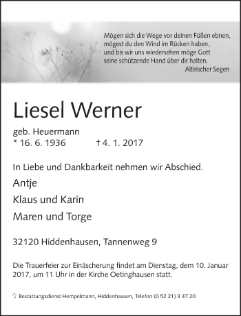 Traueranzeige von Liesel Werner von Neue Westfälische