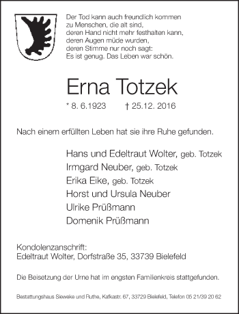 Traueranzeige von Erna Totzek