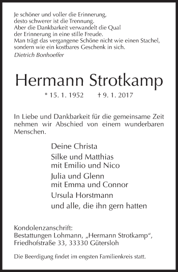 Traueranzeige von Hermann Strotkamp von Neue Westfälische