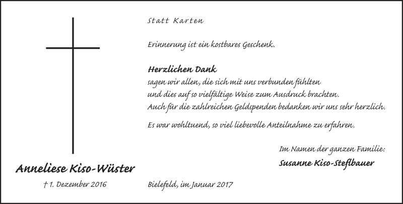  Traueranzeige für Anneliese Kiso-Wüster vom 21.01.2017 aus Neue Westfälische