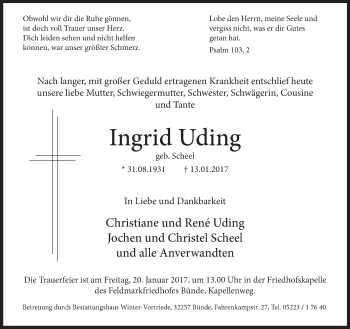 Traueranzeige von Ingrid Uding von Neue Westfälische