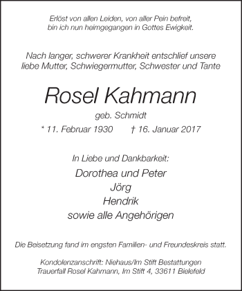 Traueranzeige von Rosel Kahmann von Neue Westfälische