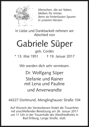 Traueranzeige von Gabriele Süper von Neue Westfälische