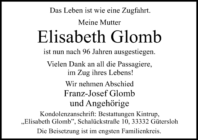  Traueranzeige für Elisabeth Glomb vom 13.01.2017 aus Neue Westfälische