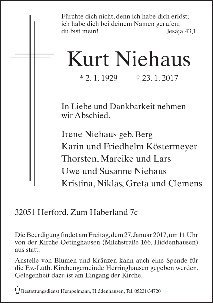  Traueranzeige für Kurt Niehaus vom 24.01.2017 aus Neue Westfälische