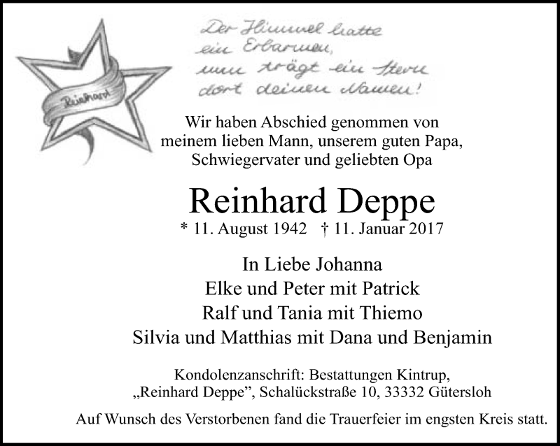  Traueranzeige für Reinhard Deppe vom 19.01.2017 aus Neue Westfälische