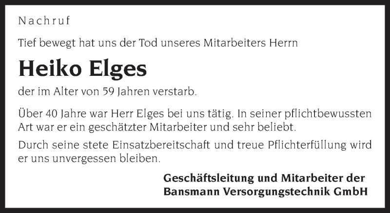  Traueranzeige für Heiko Elges vom 31.01.2017 aus Neue Westfälische