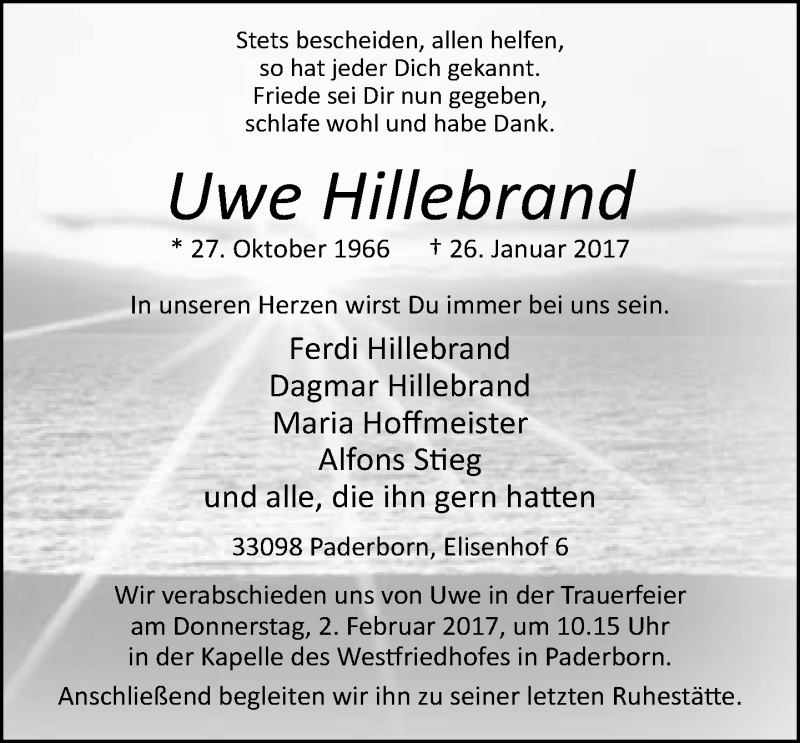  Traueranzeige für Uwe Hillebrand vom 31.01.2017 aus Neue Westfälische