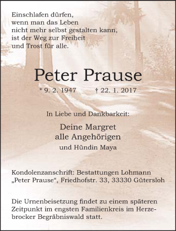 Traueranzeige von Peter Prause von Neue Westfälische