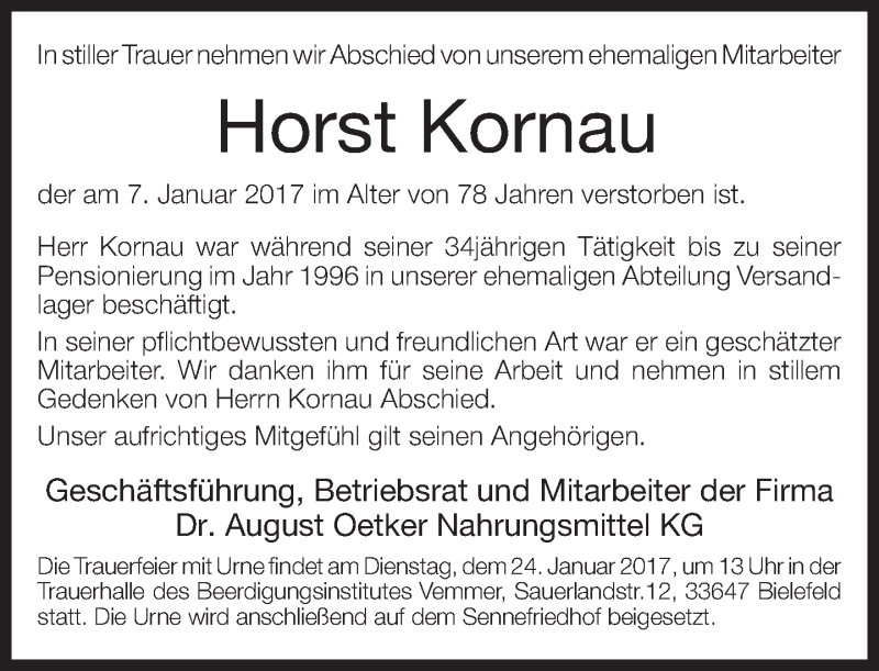  Traueranzeige für Horst Kornau vom 21.01.2017 aus Neue Westfälische