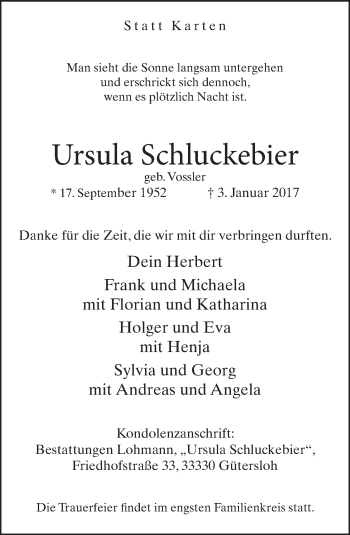 Traueranzeige von Ursula Schluckebier von Neue Westfälische