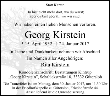 Traueranzeige von Georg Kirstein von Neue Westfälische