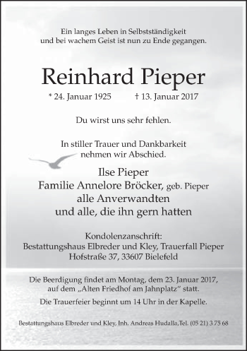 Traueranzeige von Reinhard Pieper von Neue Westfälische