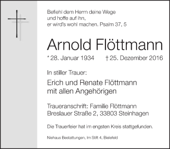 Traueranzeige von Arnold Flöttmann von Neue Westfälische