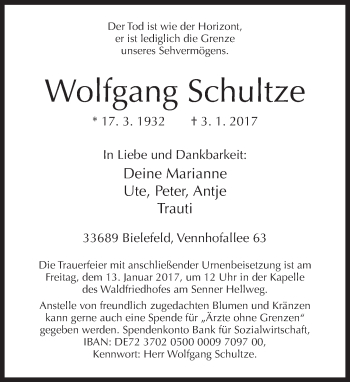 Traueranzeige von Wolfgang Schultze von Neue Westfälische